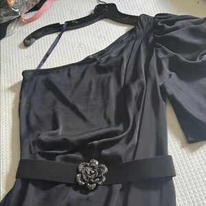 BCBGMaxAzria Black One-Shoulder Dress with Embellished Belt